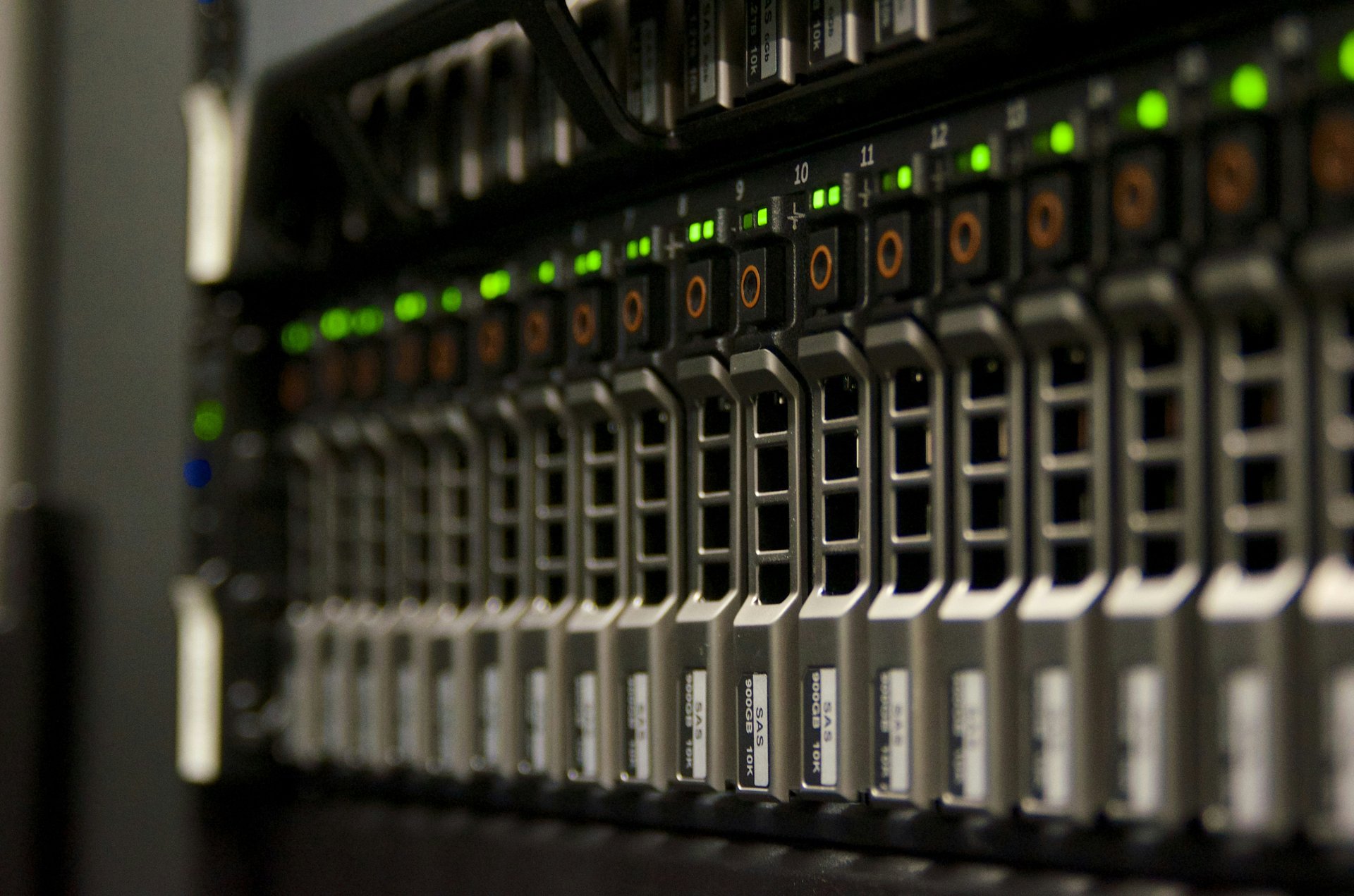 Rows of server drives in a data center rack